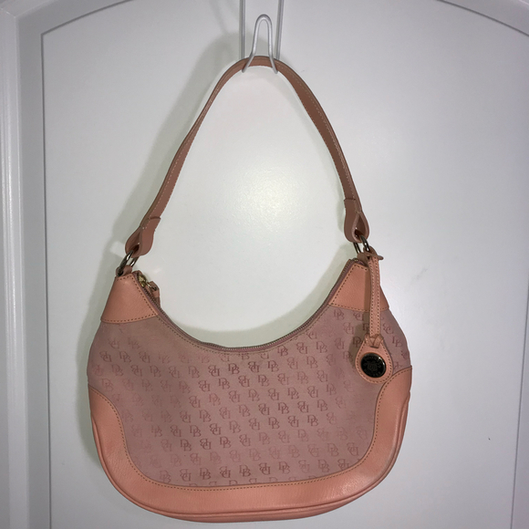 Dooney & Bourke Vintage Pink Logo Canvas and Leather Trim  Hobo Shoulder Bag EUC - Picture 1 of 5
